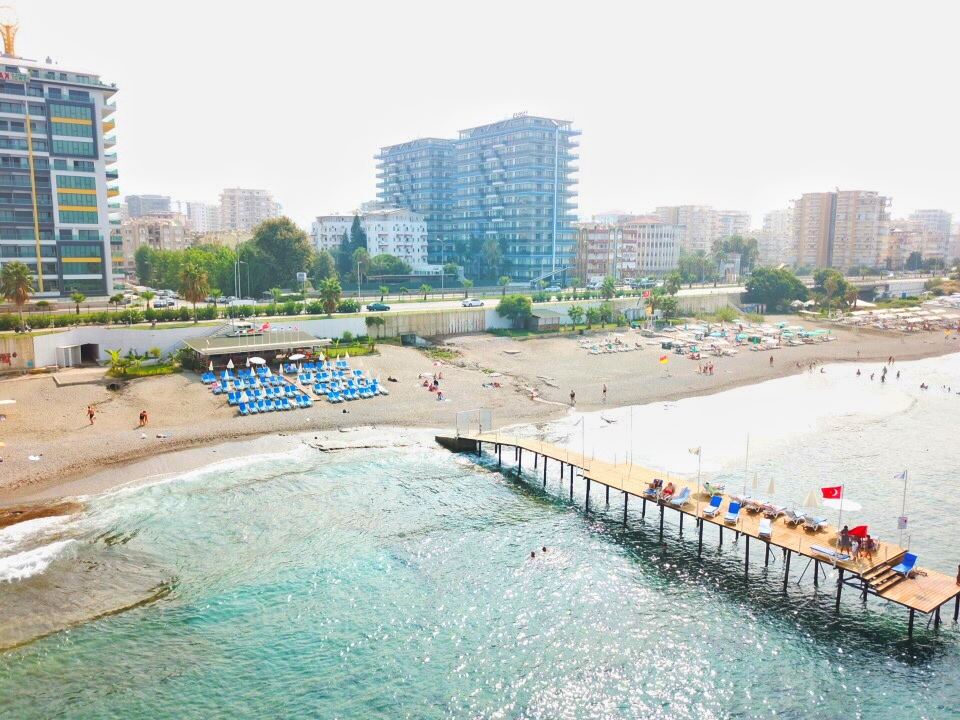 Blue Flag resort shore of sand and pebble with calm water at Konakli Beach west of Alanya