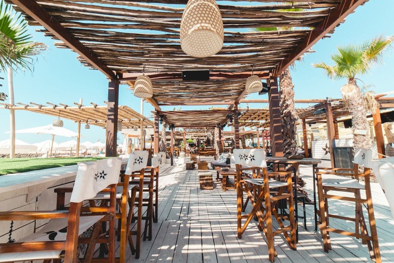 Sunbeds and pool at the NoSoloAgua beach club on Praia da Rocha in Portimao, Algarve