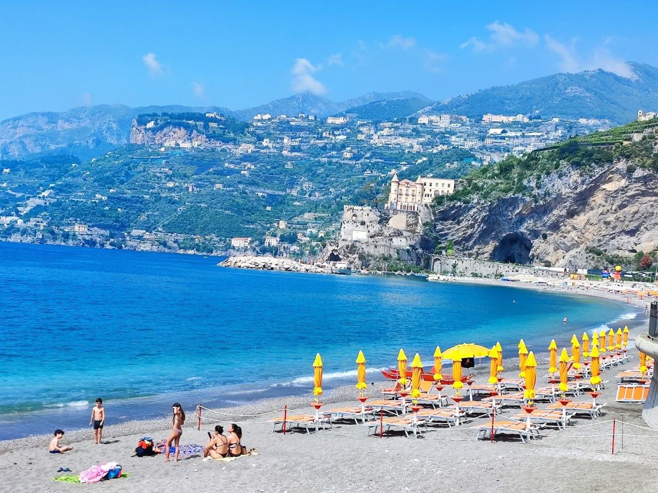 The long shallow town beach at Maiori on the Amalfi Coast