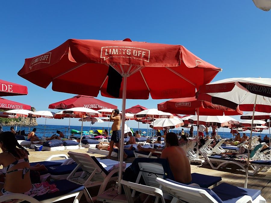 Platform deck and turquoise Mediterranean water at BLM Beach in the Lara district of Antalya