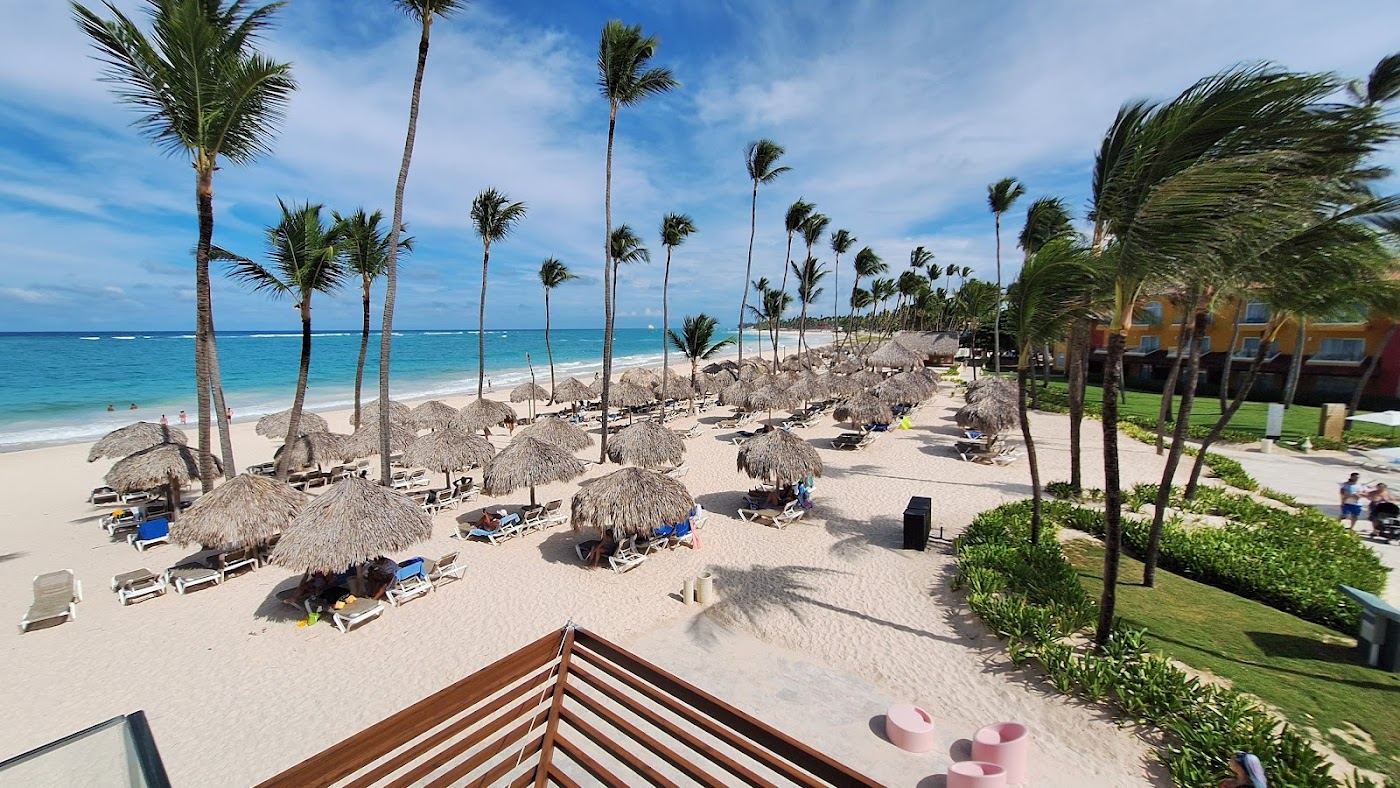 Calm turquoise water and white sand fronted by palms at Playa Arena Blanca in Bavaro Punta Cana