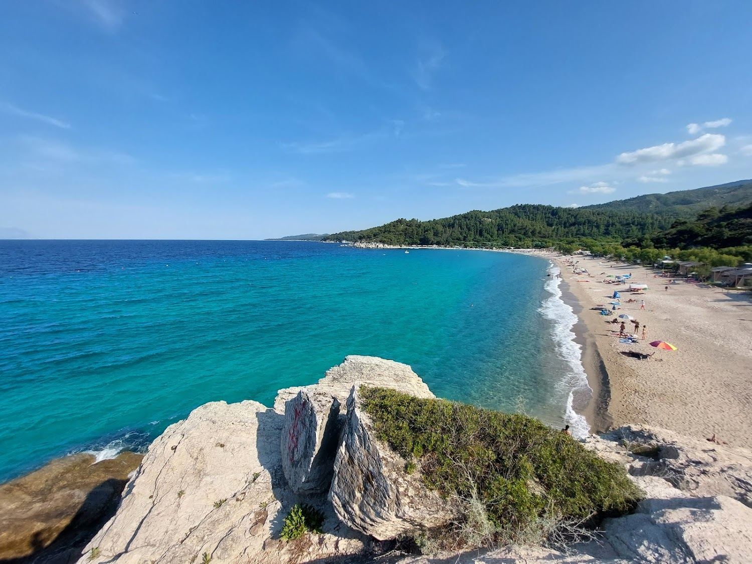 Long sandy beach backed by pine forest at Armenistis near Sarti on Sithonia