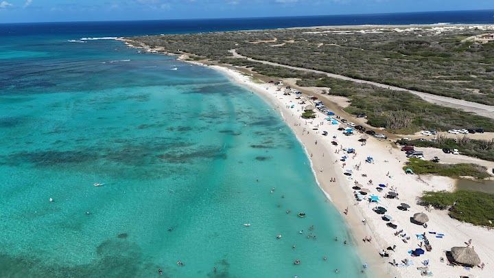 Clear shallow water over a rocky reef close to shore at Arashi Beach in Aruba