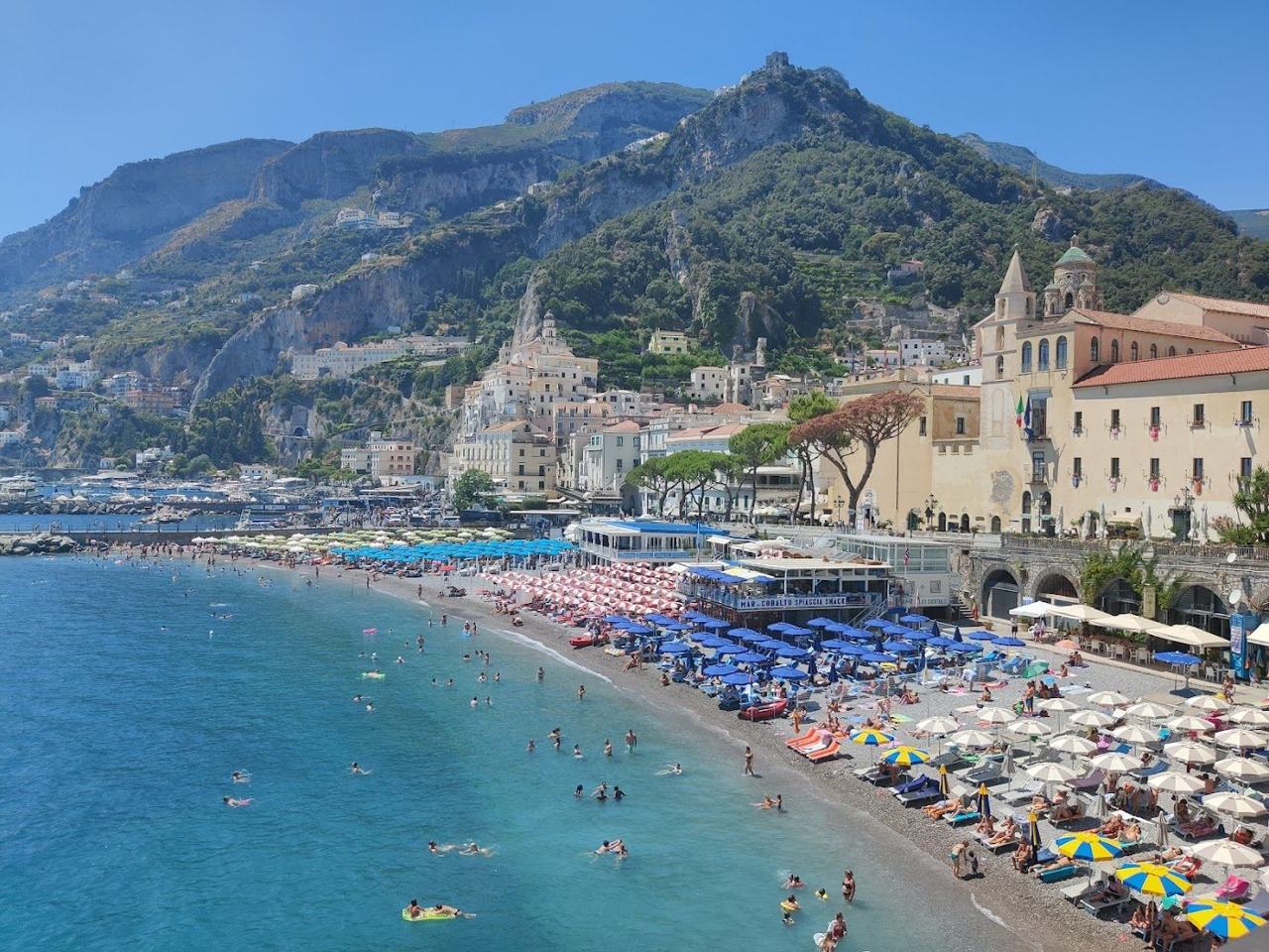 Atrani village beach and piazza below the cliffs