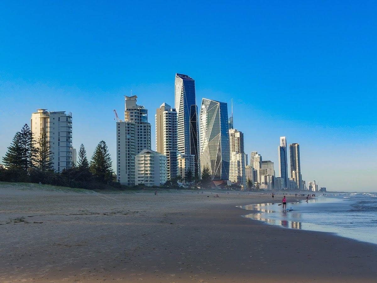 The wide Kurrawa sands and beachfront parkland at Broadbeach on the Gold Coast