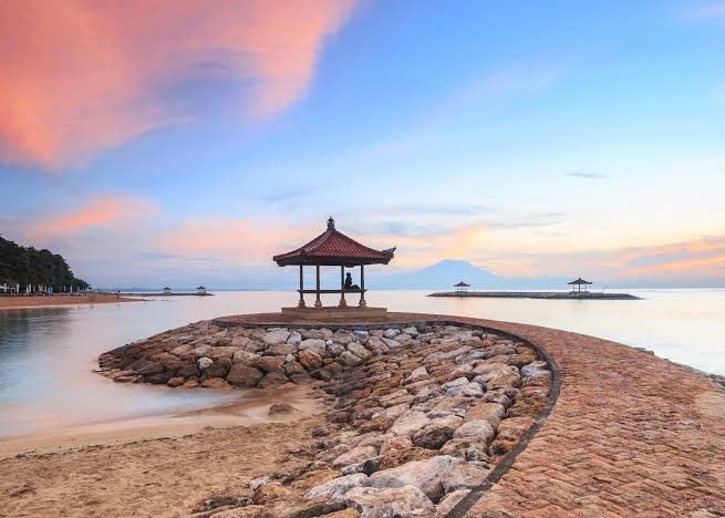 Calm reef sheltered shallows along Sanur beach on the east coast of Bali
