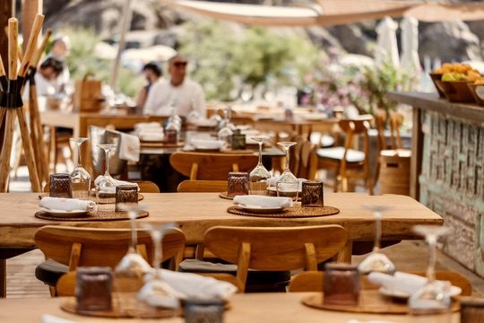 The beachfront Elements Ibiza venue on the sand at Benirras cove on the north coast of Ibiza