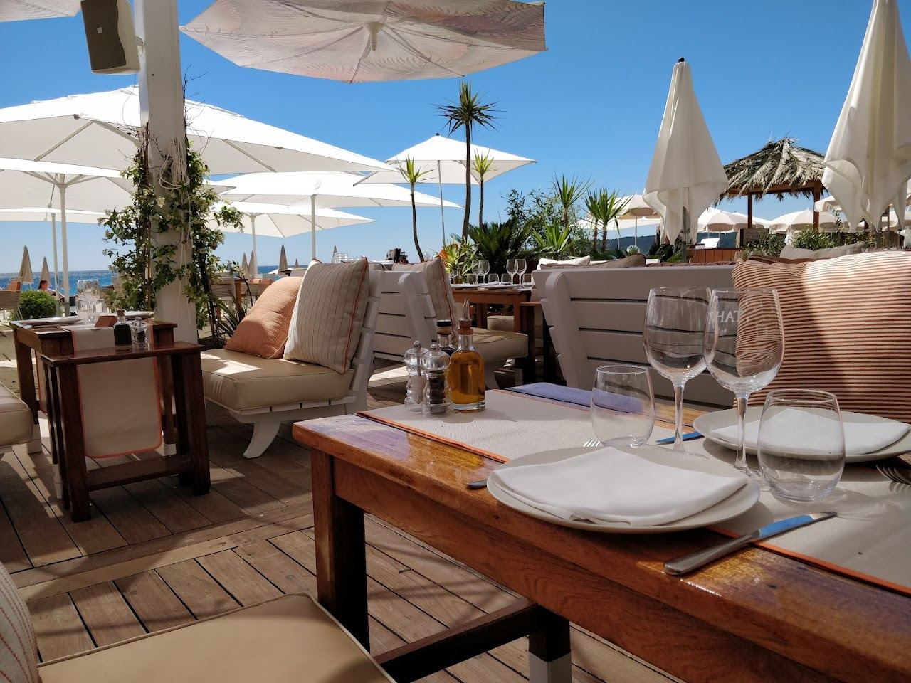 Loungers and umbrellas at the legendary Tahiti end of Pampelonne near Saint Tropez