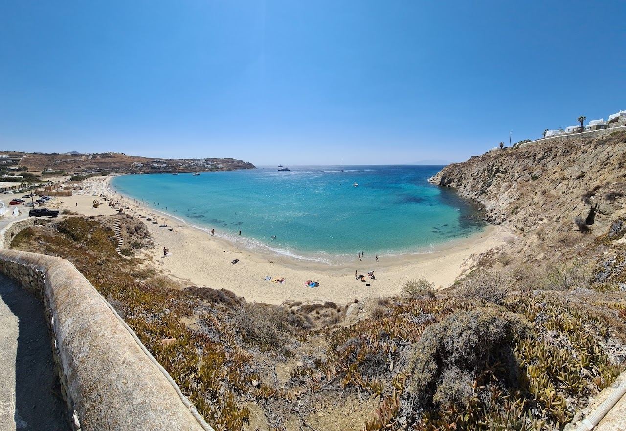 Long easygoing beach with smart beachside dining at Kalo Livadi on Mykonos