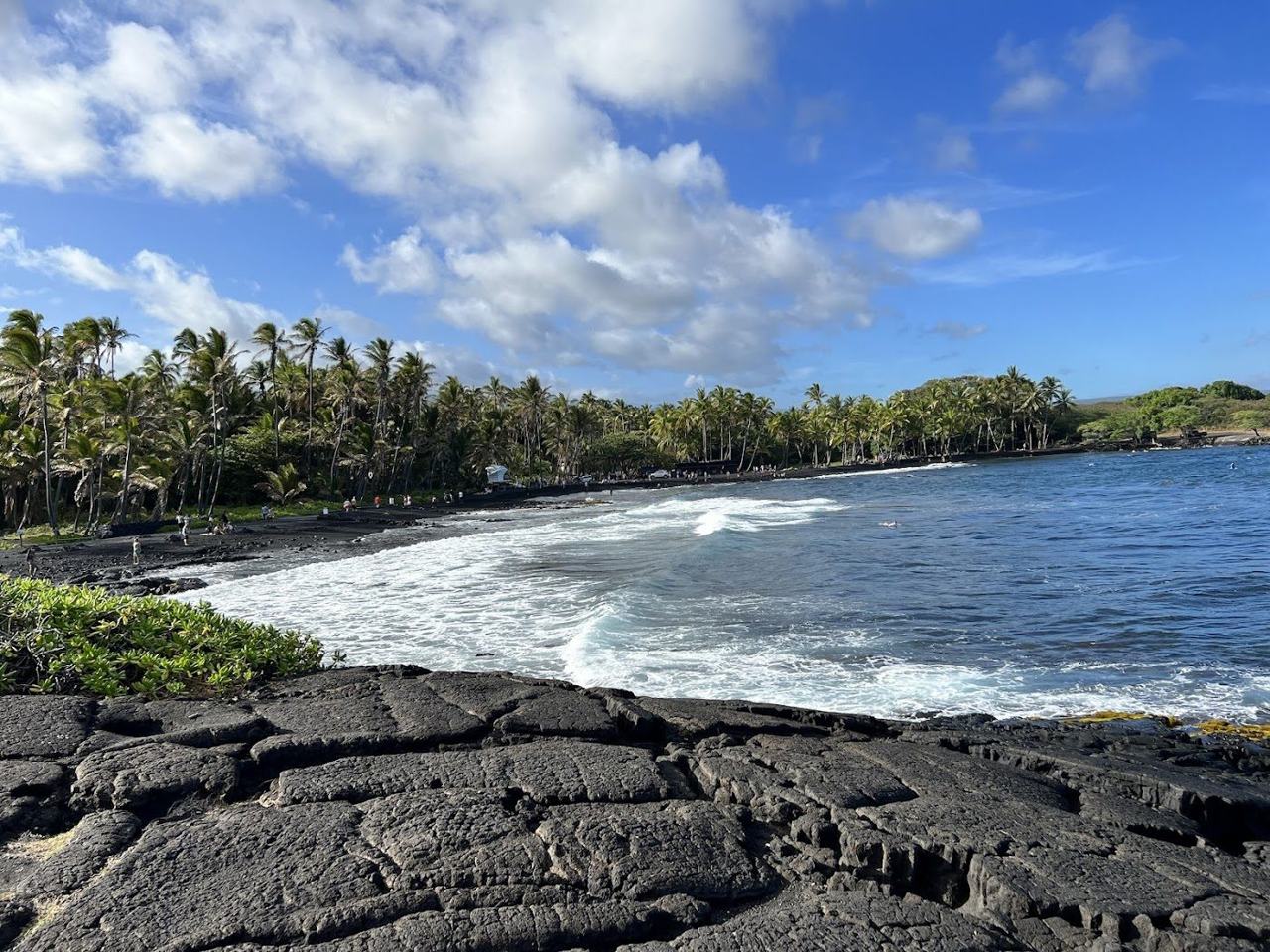 Famous Big Island black sand beach where green sea turtles often haul out to bask on the dark shore.
