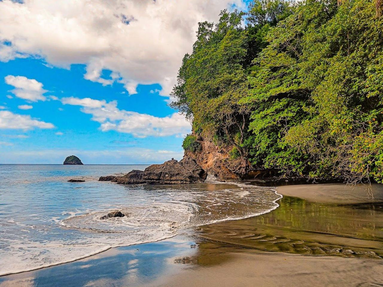Tropical black sand under rainforest on Martinique's north coast, in the shadow of Mount Pelee.