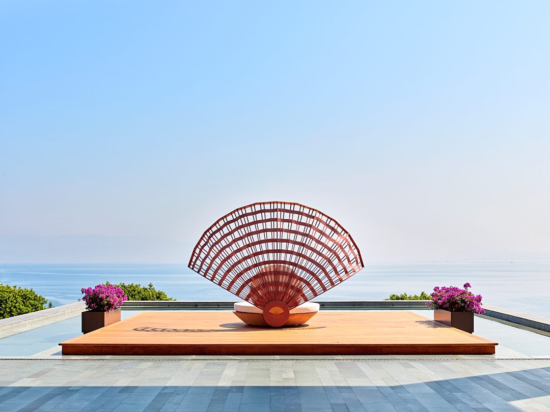 Private sandy beach and loungers at the Mandarin Oriental in Cennet Koyu