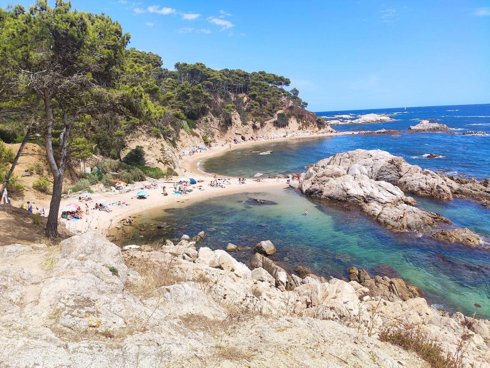 Rocky headland and clear shallows at the secluded Cala Estreta near Palamos