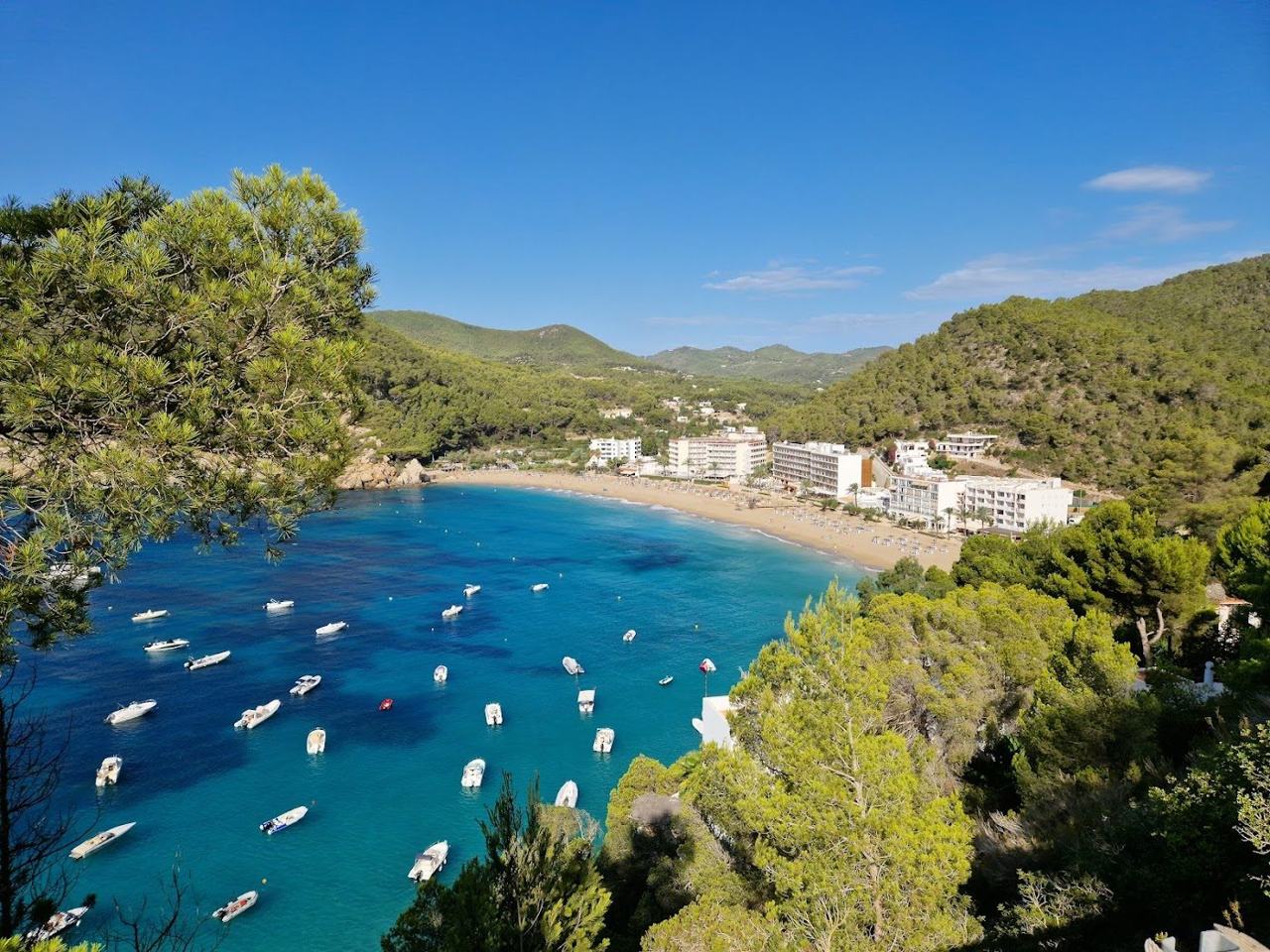 The wide golden sand and calm sheltered water of Cala San Vicente in northeast Ibiza