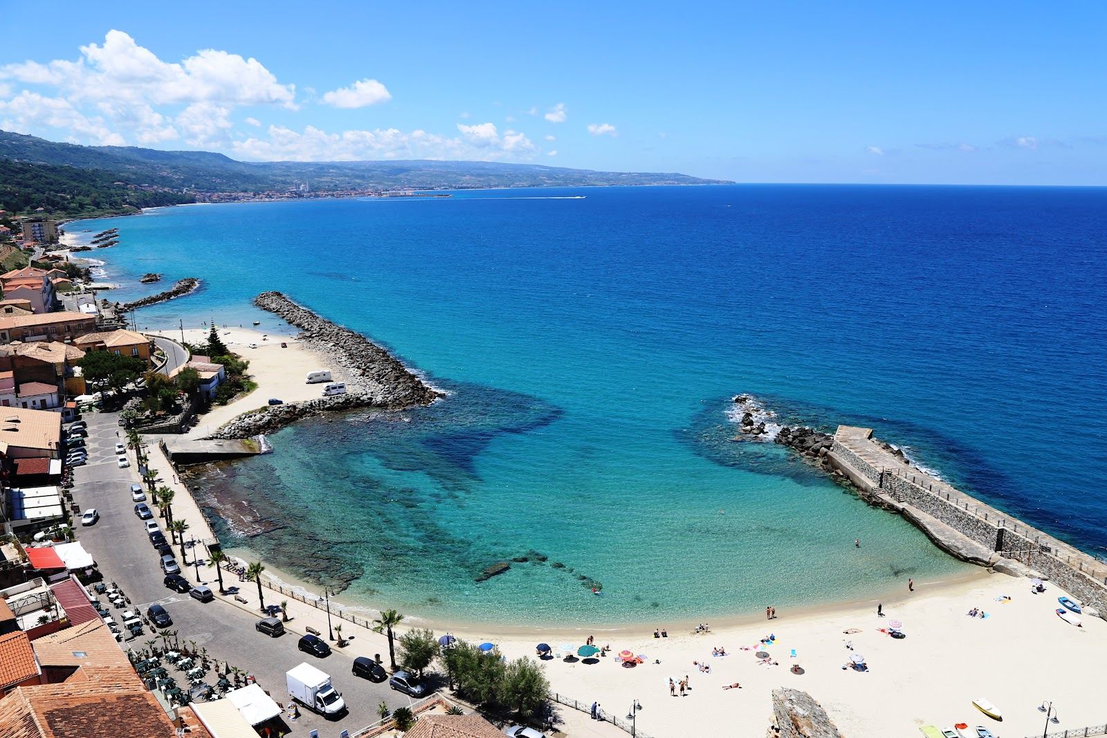 The clear sea and beach at Pizzo on the Coast of the Gods in Calabria, a base for boat trips and watersports