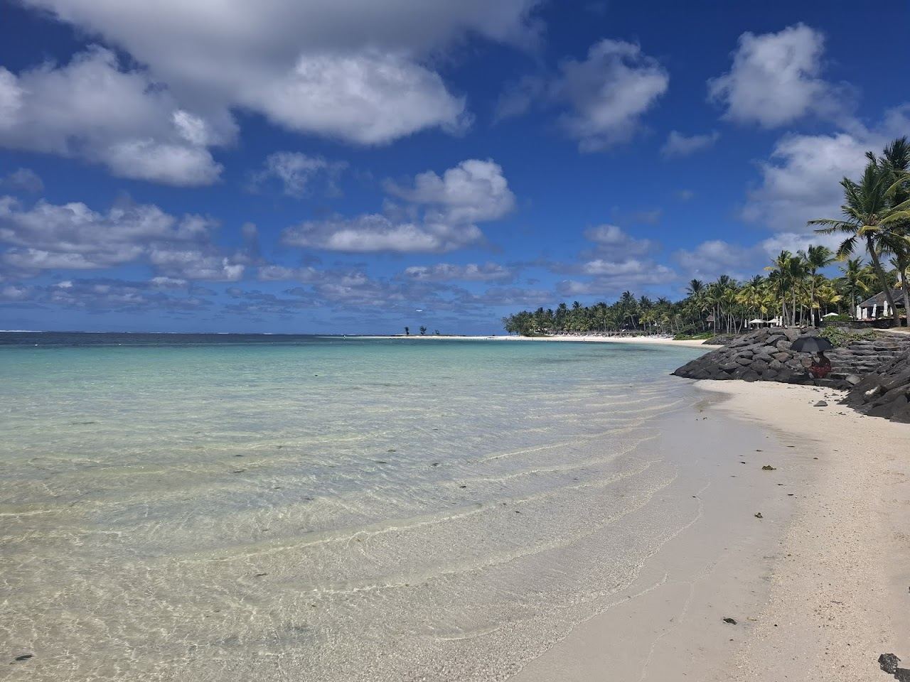 The long clear lagoon and shallow water of Belle Mare on the east coast of Mauritius