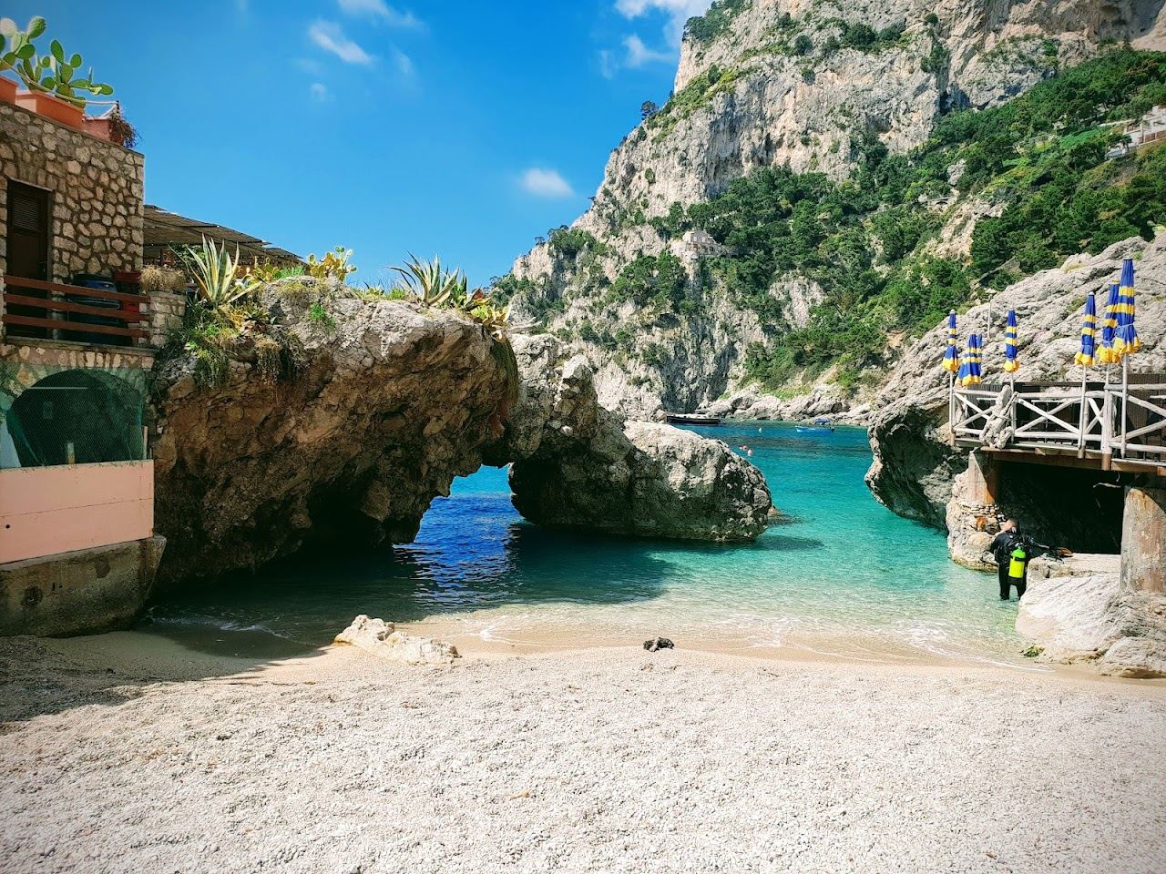 Sheltered blue cove at Marina Piccola facing the Faraglioni in Capri