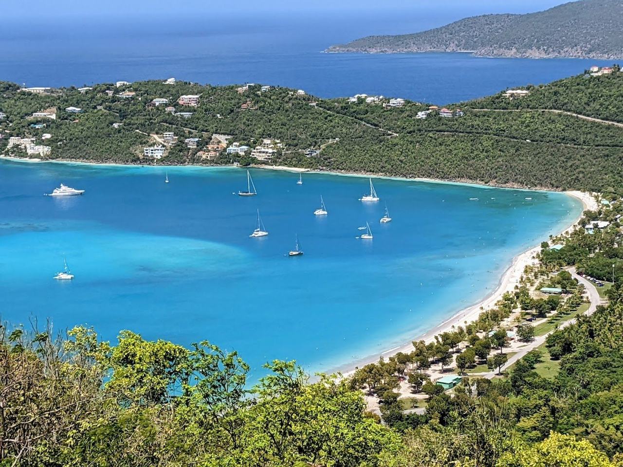 The deep heart shaped bay and calm water of Magens Bay on St Thomas