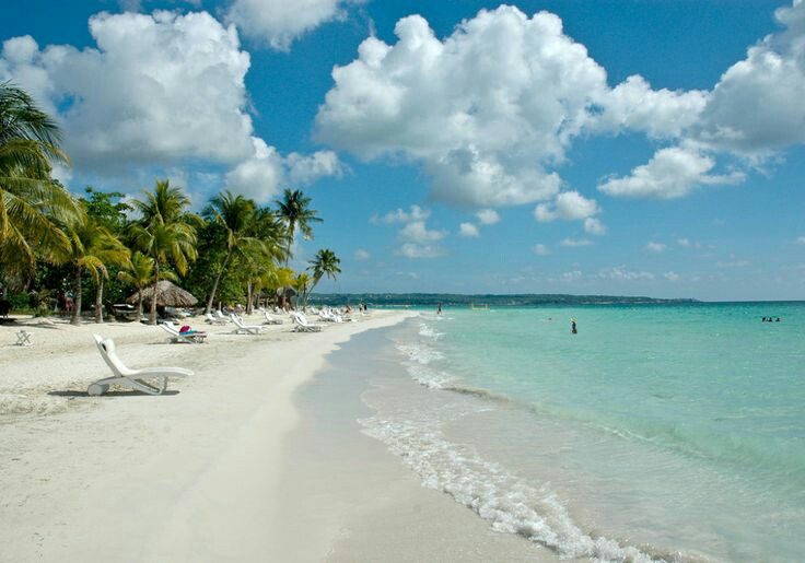 The long sandy strip and turquoise water of Negril's Seven Mile Beach