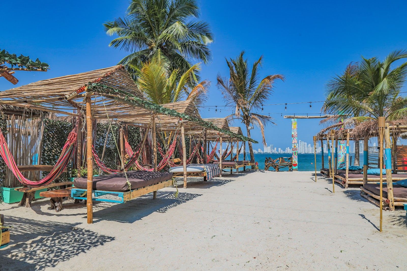 A beach club and calm Caribbean water on Tierra Bomba island off Cartagena