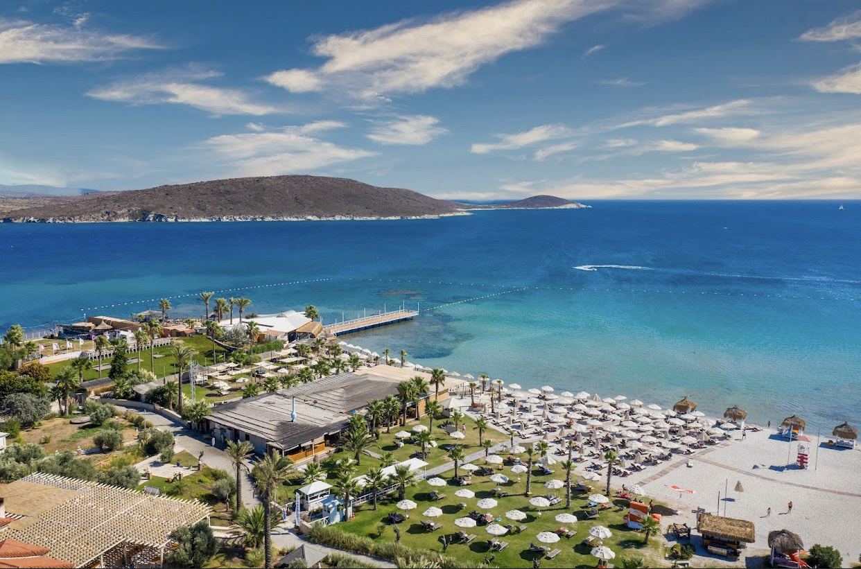 The shallow turquoise windsurf bay of Cark Beach near Alacati and Cesme in Turkey