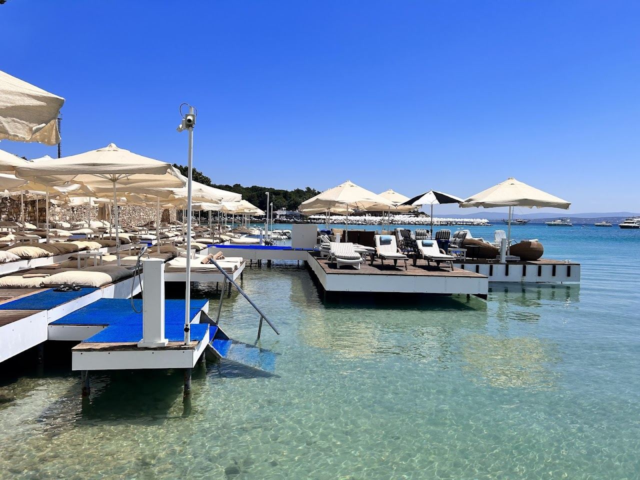 The deck and sea view at Sole and Mare beach club at Ayayorgi near Cesme in Turkey