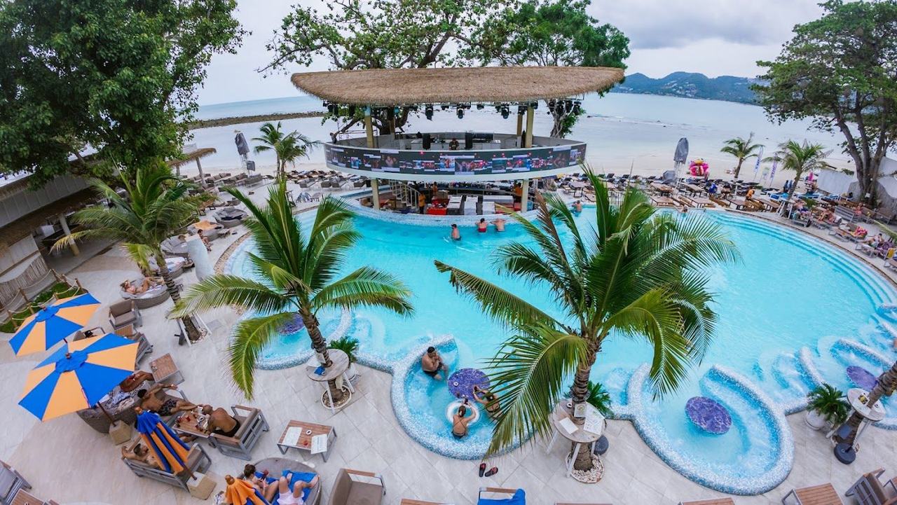 Beachfront pool and loungers at ARKbar Beach Club on Chaweng Beach, Koh Samui