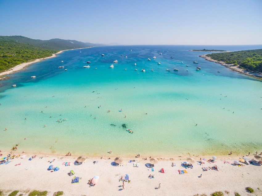 Shallow turquoise lagoon water and pine shade at Sakarun on Dugi Otok