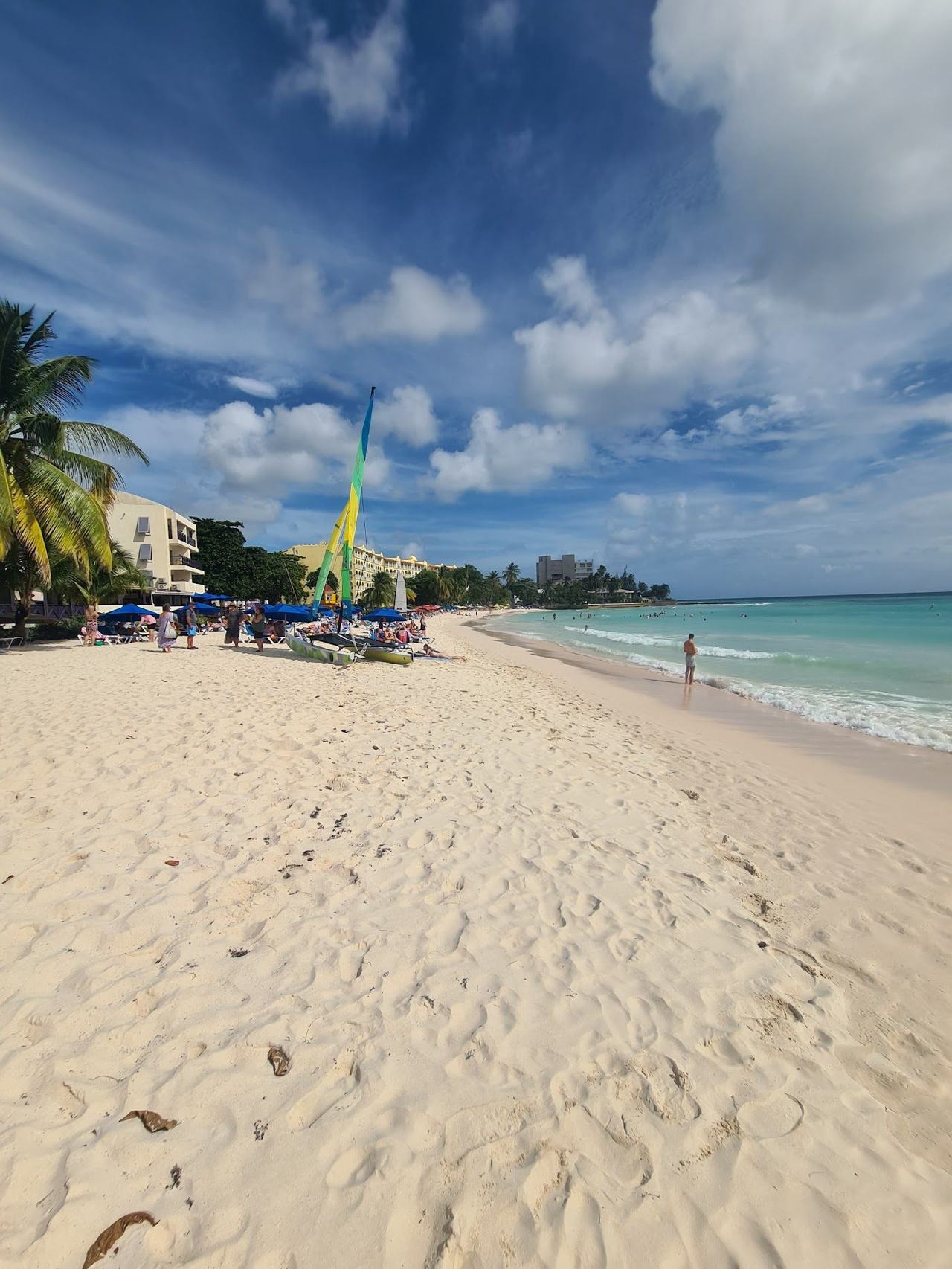 A calm turquoise beach on the lively south coast of Barbados in the Caribbean