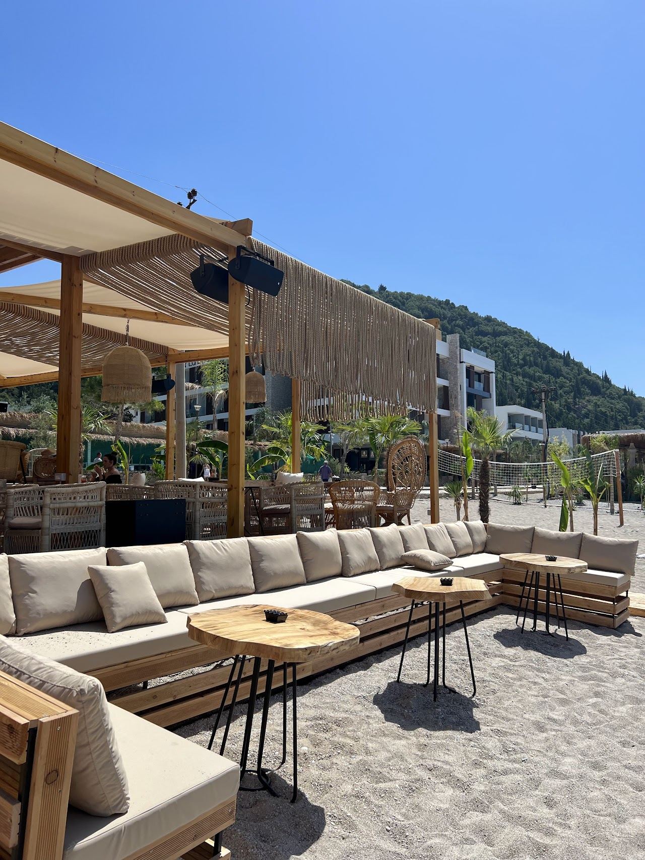 Bacaro beach bar with loungers on the Drymades sand on the Albanian Riviera