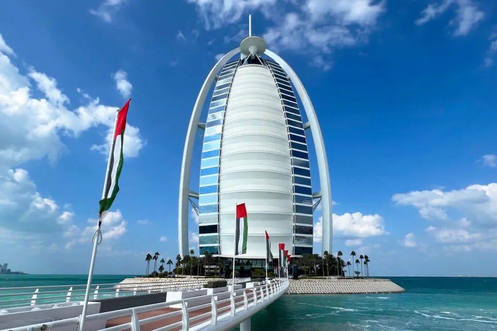 The Jumeirah coast and the Burj Al Arab under clear Dubai sun