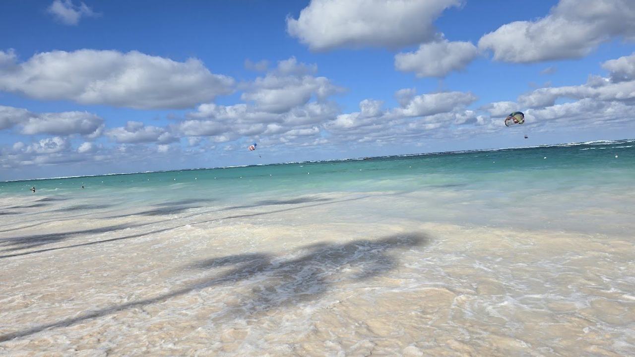 Fishing boats, vendors and palms along the busy public sand of El Cortecito in Bavaro Punta Cana