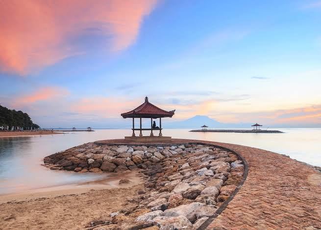 The reef protected lagoon and calm morning water at Sanur in Bali