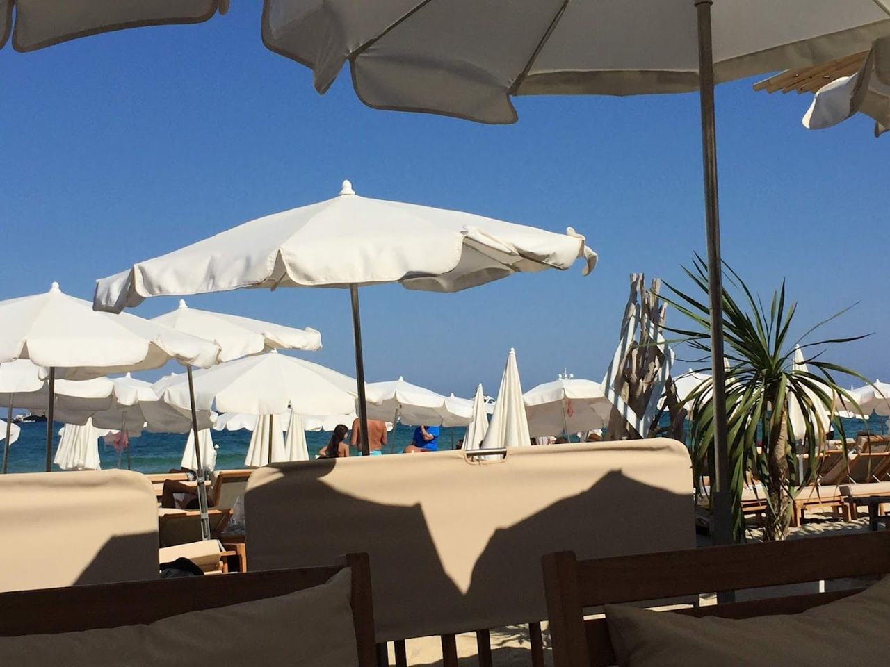 Sunbeds and parasols on the soft sand of Pampelonne beach near Saint Tropez
