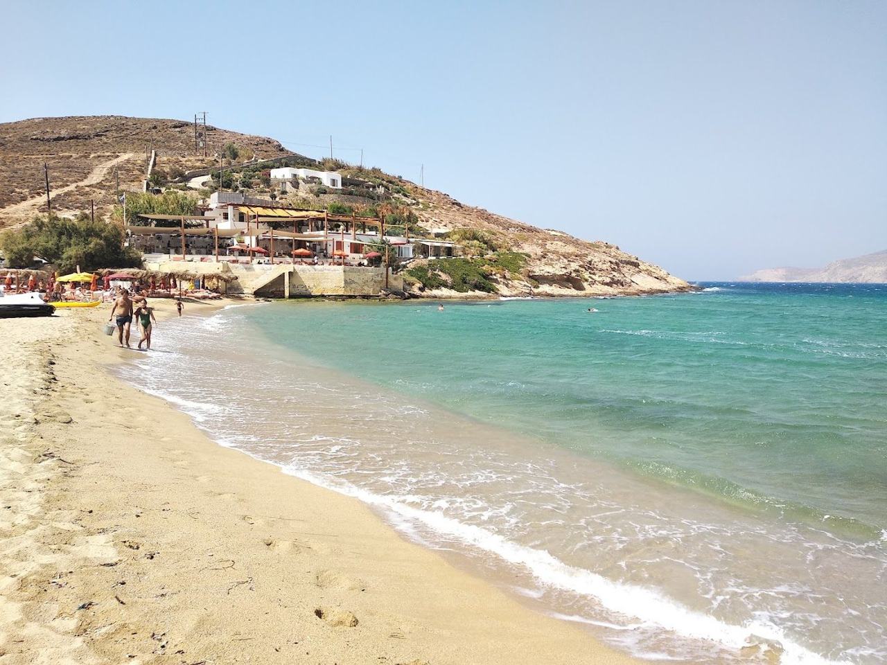 The wide windswept sand of Ftelia Beach on the north coast of Mykonos, a favourite with windsurfers