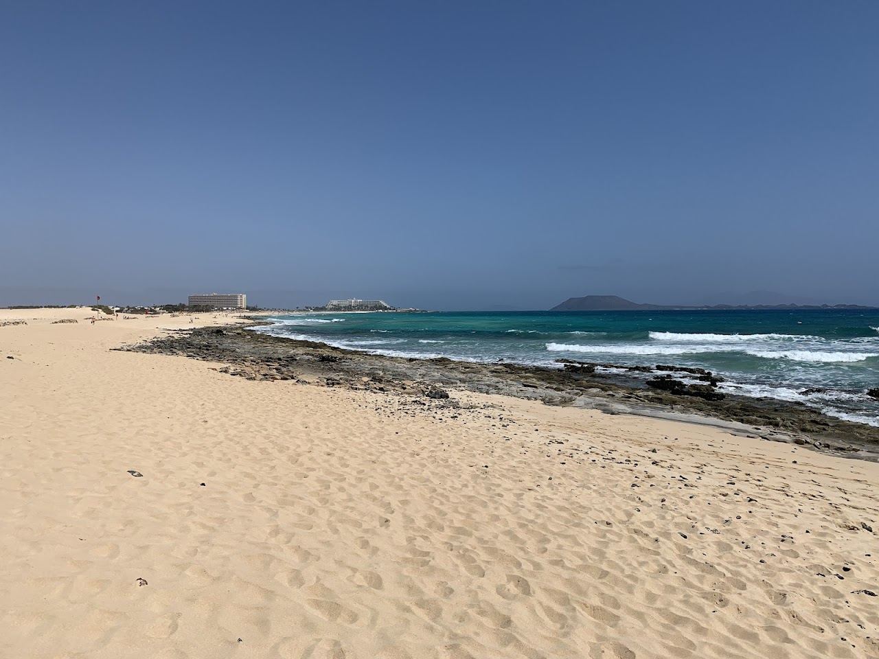 The town beach and bay at Corralejo in the north of Fuerteventura