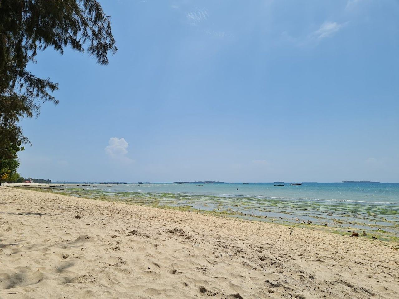 Soft pale sand and calm shallow water at Fuji Beach near Bububu on the west coast of Zanzibar