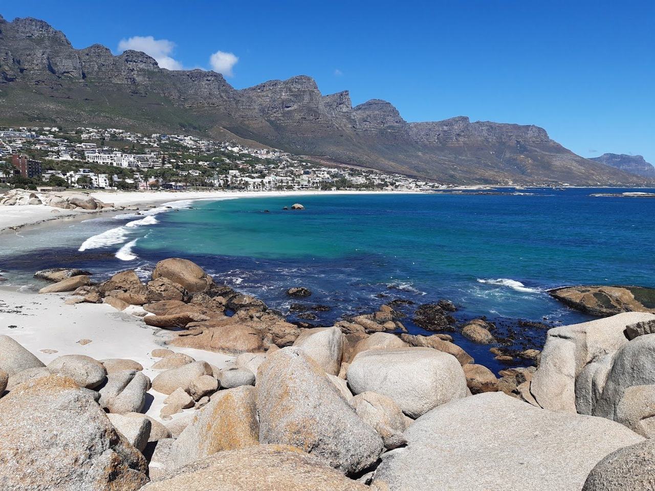 Glen Beach surf and rocks beside Camps Bay in Cape Town