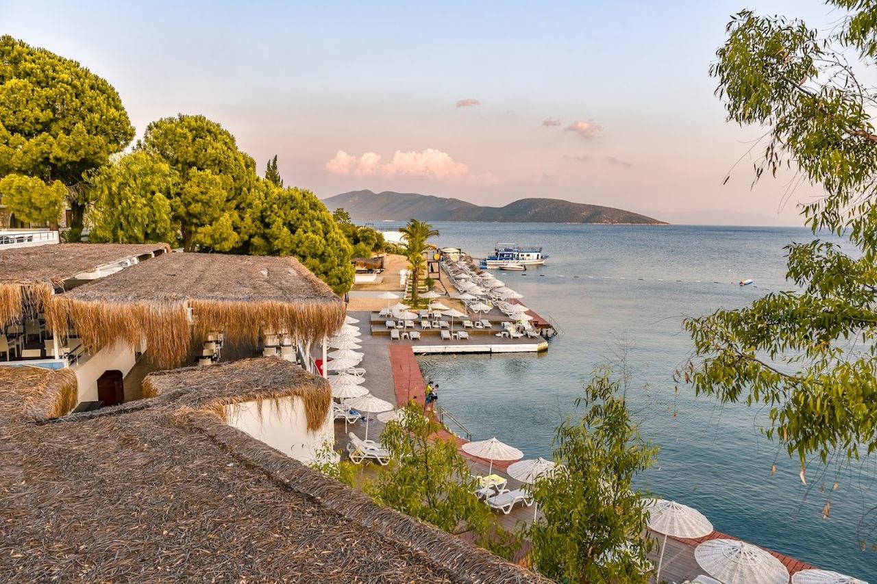 Golturkbuku bay with wooden decks and turquoise water in Bodrum