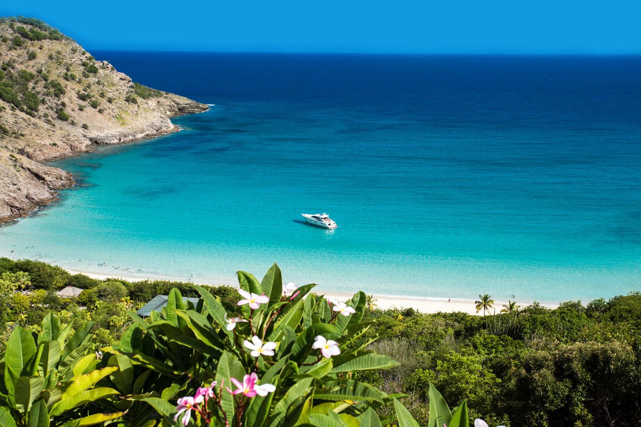 The green hills and clear water framing the secluded cove of Anse du Gouverneur on St Barths