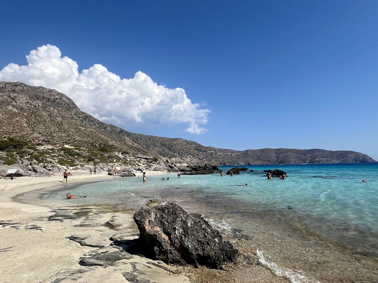 A wild juniper backed beach of pale sand and clear shallows next to busy Elafonissi, but blissfully empty.