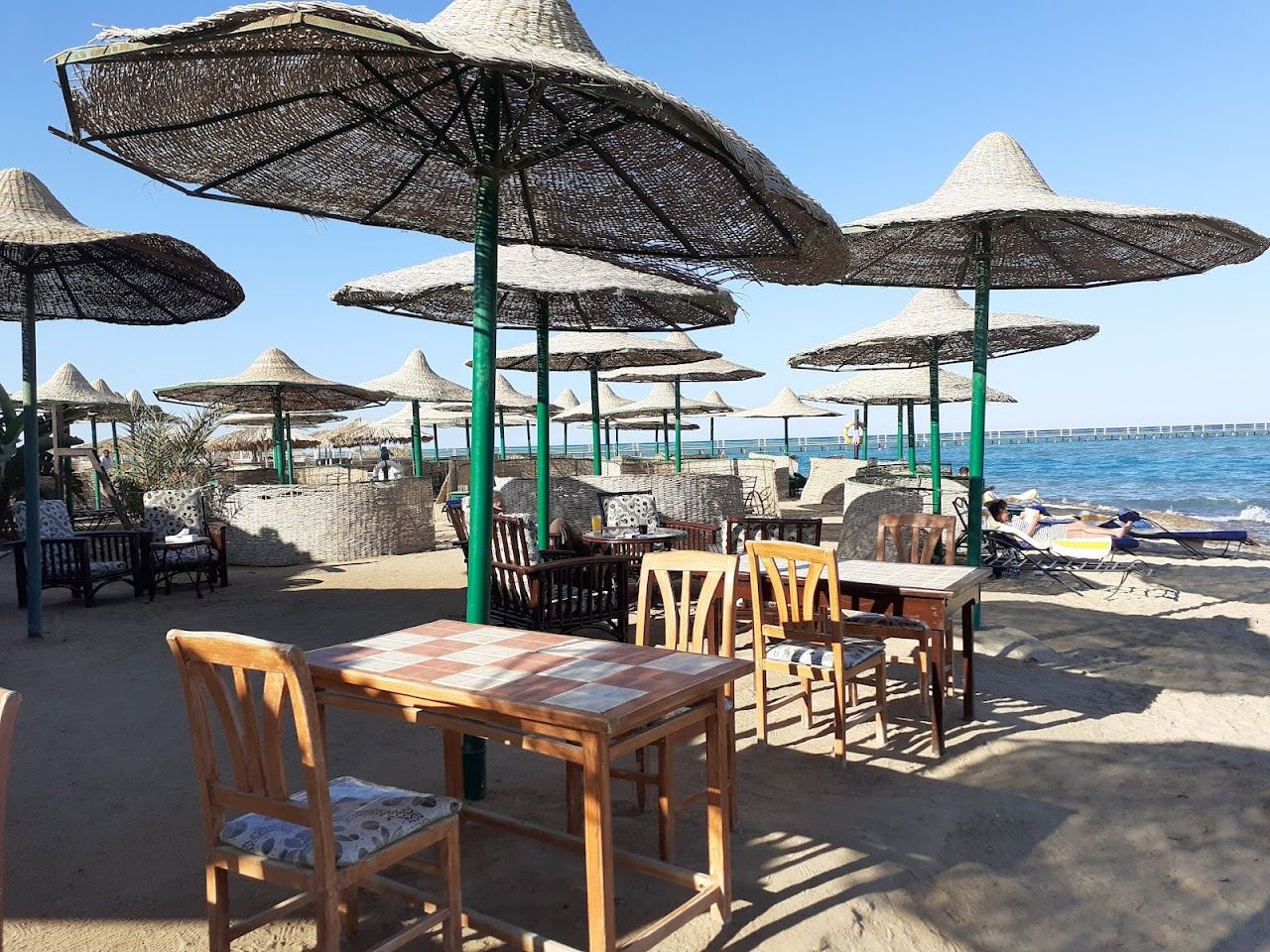 The shallow turquoise water and soft sand of the island beach at Zeytuna in El Gouna near Hurghada