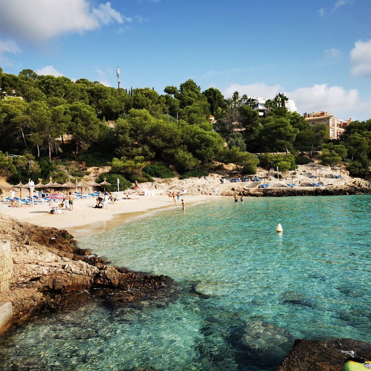 Small coves of golden sand and clear turquoise water framed by rocky islets at Illetas on the Calvia coast of Mallorca