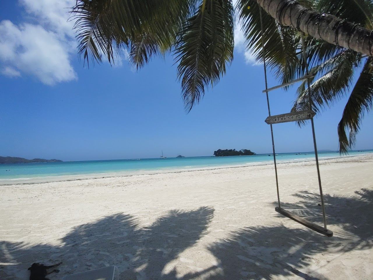 The long calm lagoon bay of Anse Volbert, or Cote d'Or, on Praslin in the Seychelles