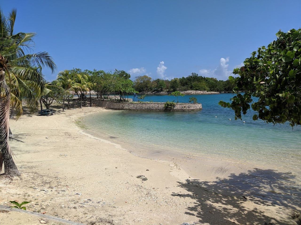 James Bond Beach Oracabessa Jamaica calm clear water and a green peninsula of soft white sand near GoldenEye