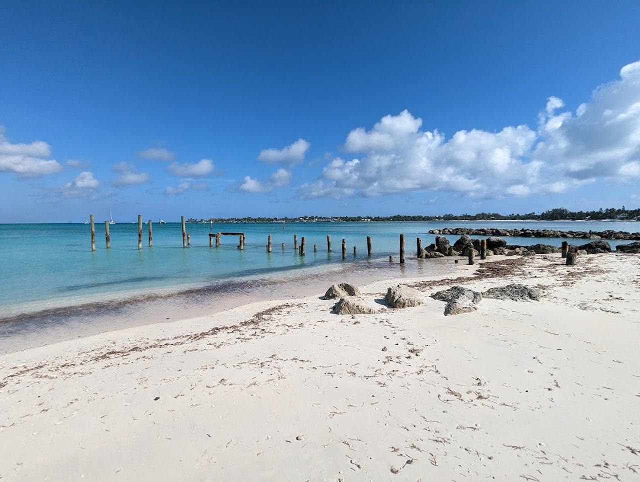 Jaws Beach soft sand and casuarina shade at the western end of New Providence