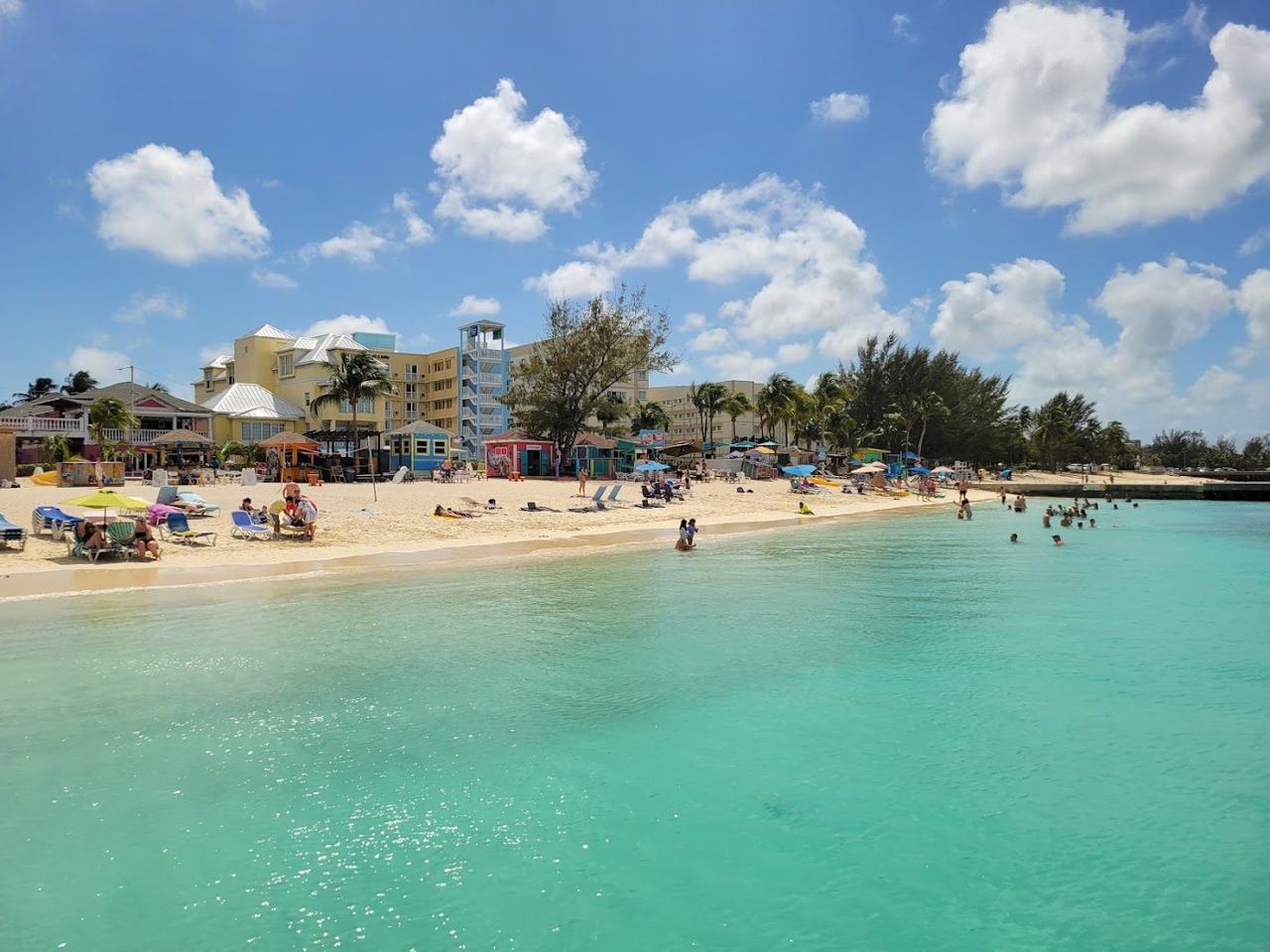 Pale sand, turquoise water and casual bars at Junkanoo Beach beside downtown Nassau in the Bahamas