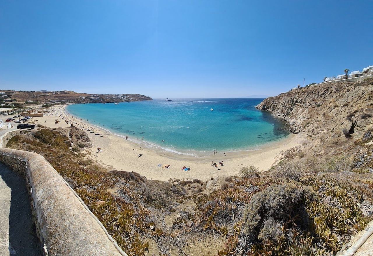 Wide open bay and tavernas at Kalo Livadi Beach in Mykonos