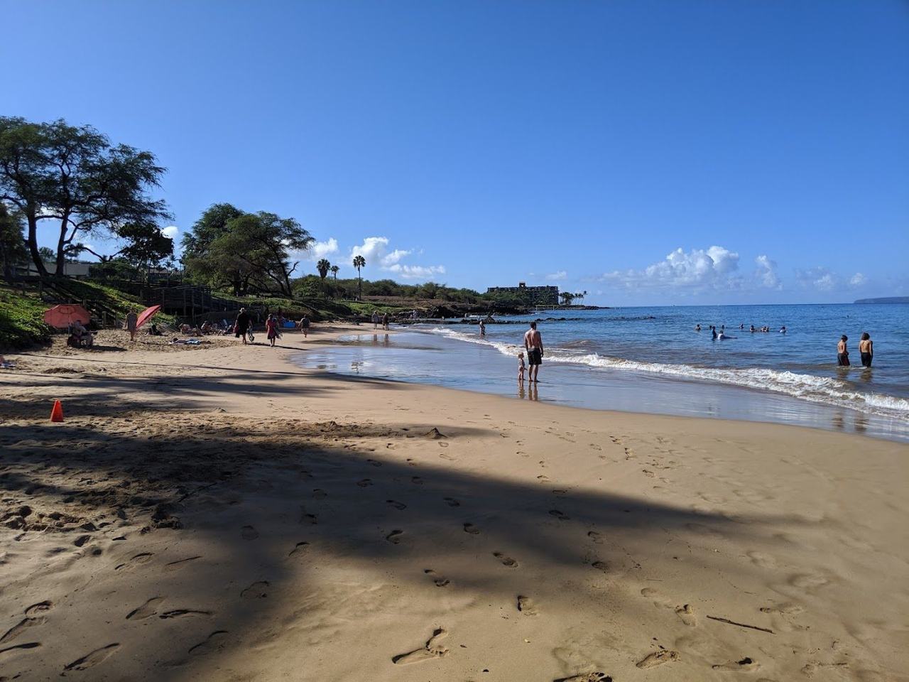 Kamaole Beach Park Kihei Maui golden sand with grassy lawn and palms behind and calm blue water