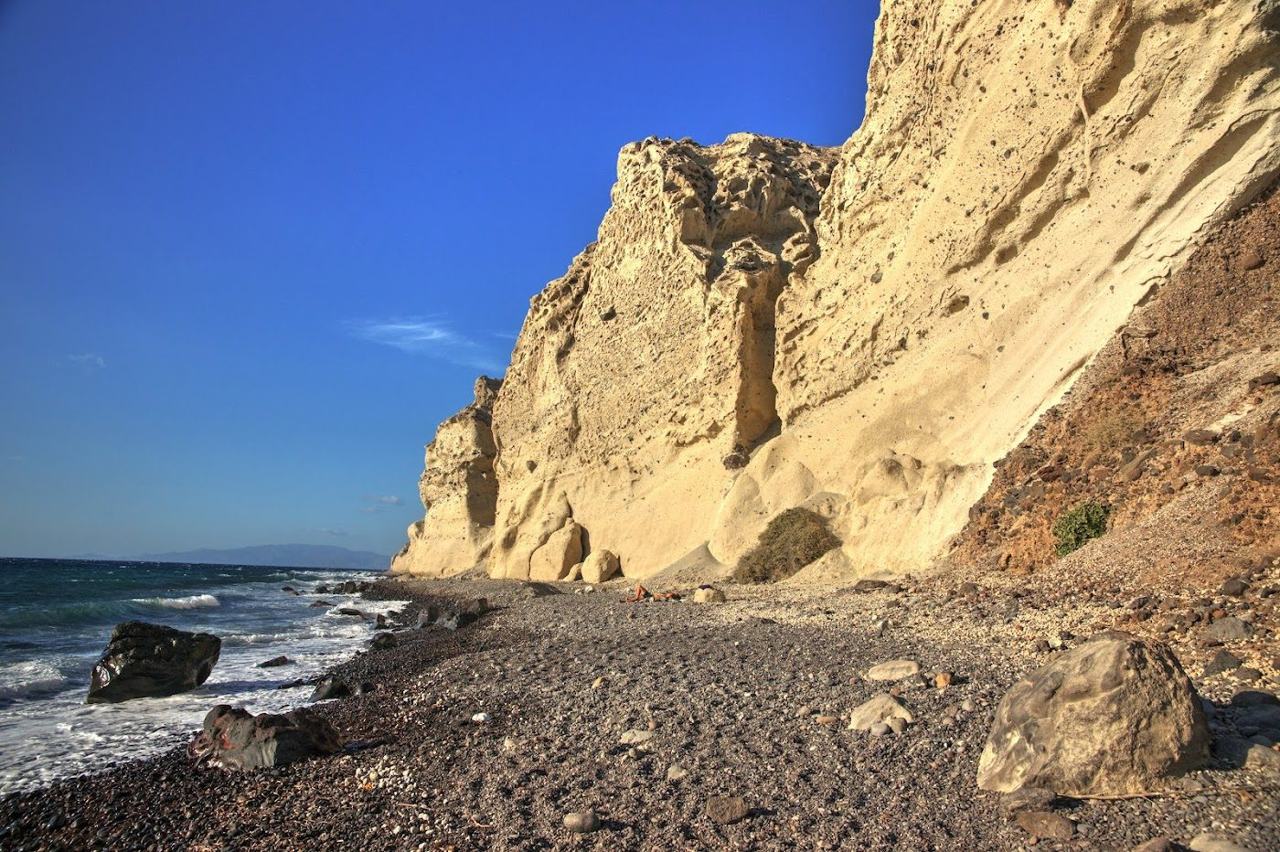 The secluded cliff backed cove of Katharos Beach near Oia with clear water and dark pebbles